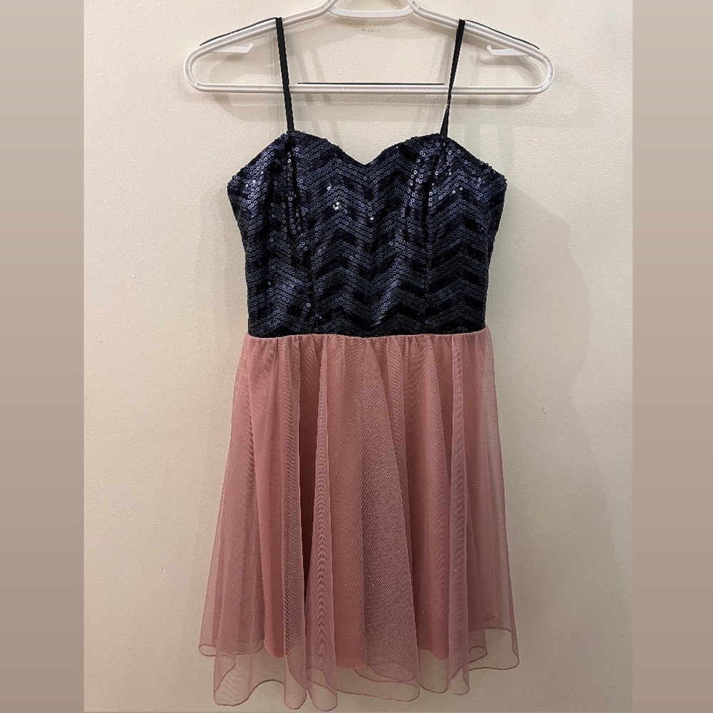 Strapless Navy Blue and Pink Sparkly Cocktail Dress